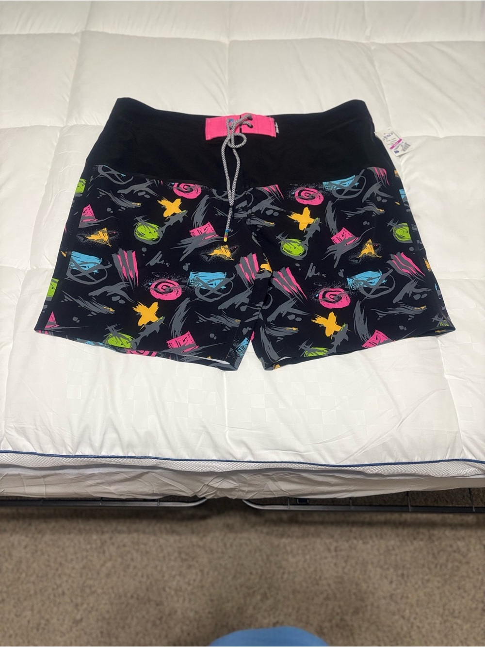 Maui and Sons Black Swim Shorts with Neon Pink, Blue, Yellow and Green Accents